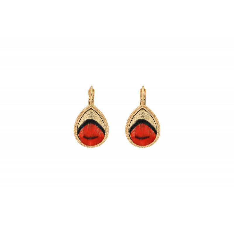 SATELLITE-PARIS boucles d'oreilles dormeuses rock plume et cuir I rouge