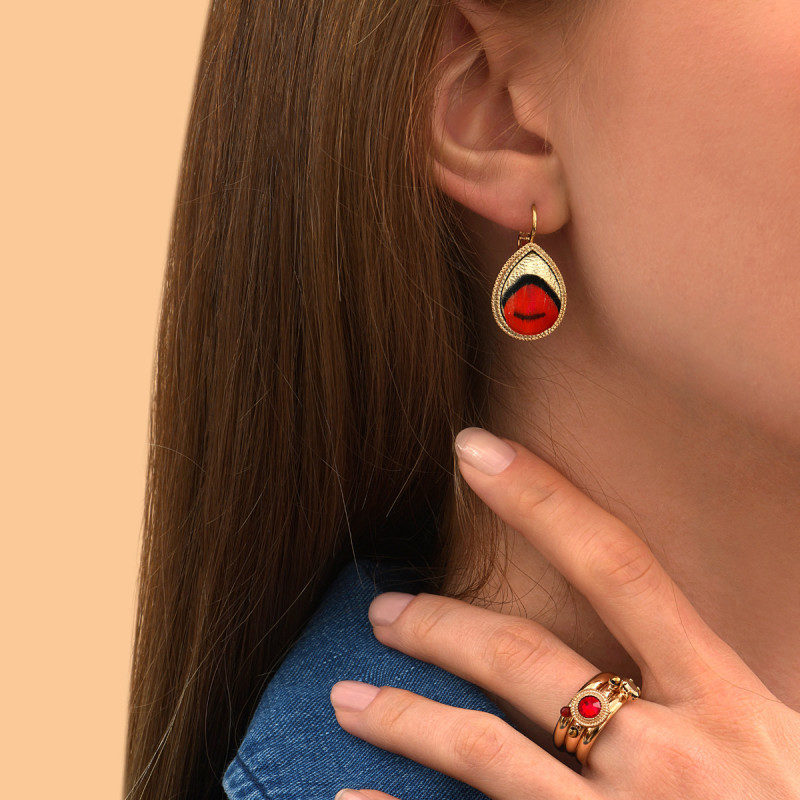 SATELLITE-PARIS boucles d'oreilles dormeuses rock plume et cuir I rouge – Image 2