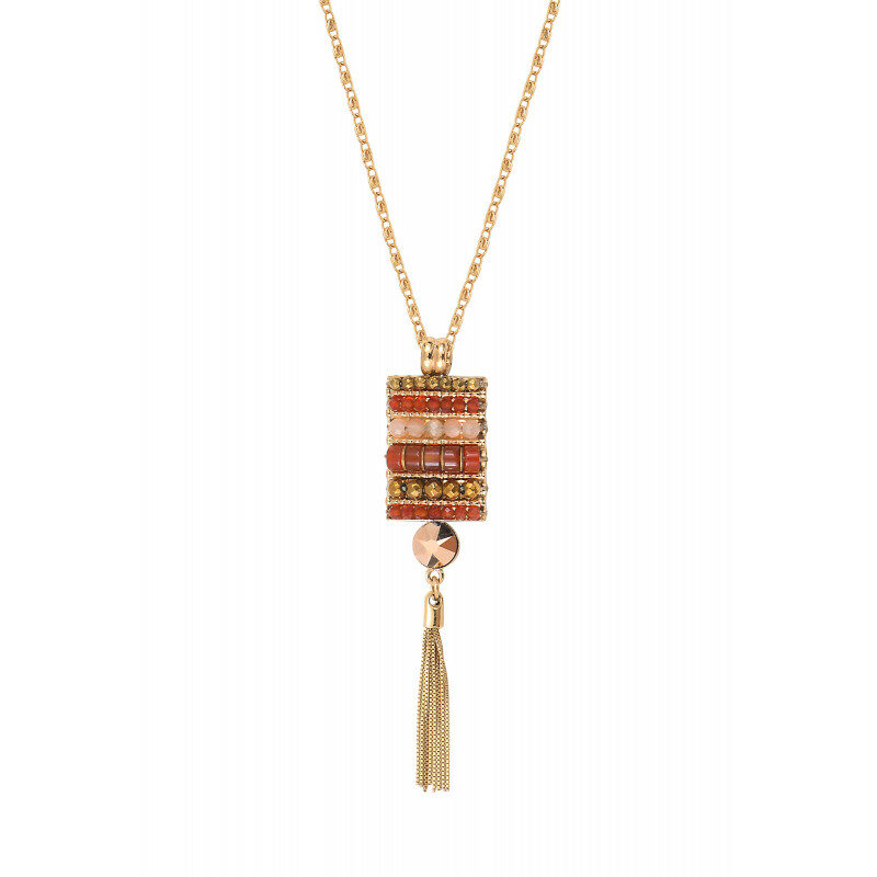 SATELLITE-PARIS Collier pendentif ethnique chic pierres gemmes pompon I rouge