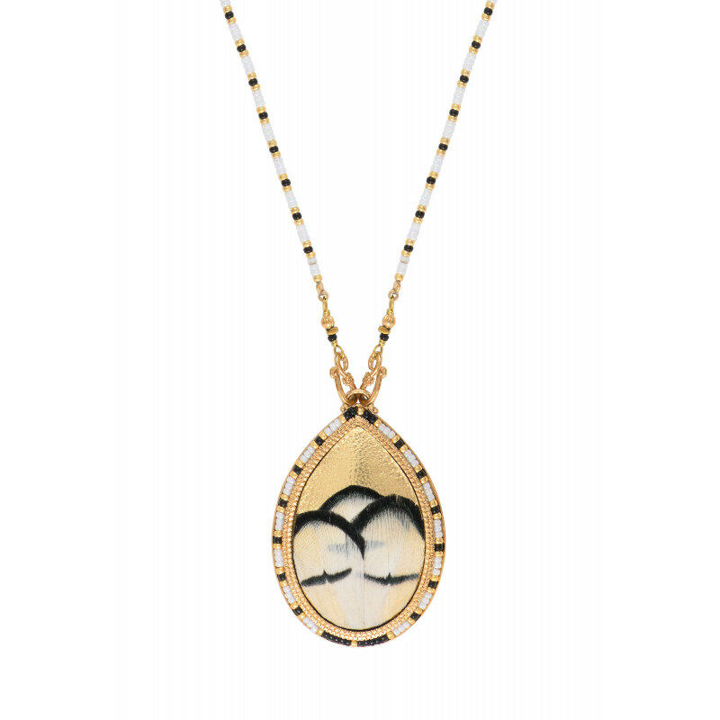 SATELLITE-PARIS Collier pendentif femme perles du Japon plume et cuir I blanc