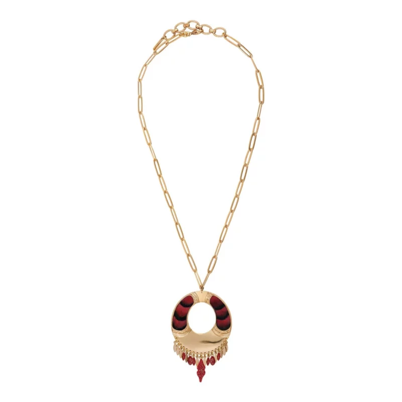SATELLITE-PARIS Collier pendentif rond réglable plumes - rouge – Image 2