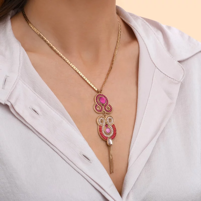 SATELLITE-PARIS Collier pendentif réglable cristaux Prestige - fuchsia – Image 3