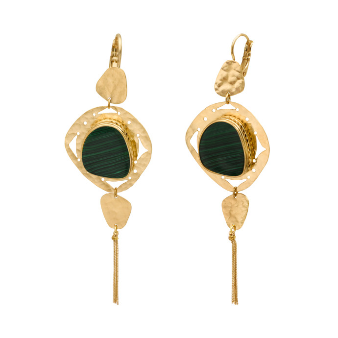 SATELLITE-PARIS Boucles d'oreilles pendantes dormeuses Noto cabochon malachite et pompon - vert