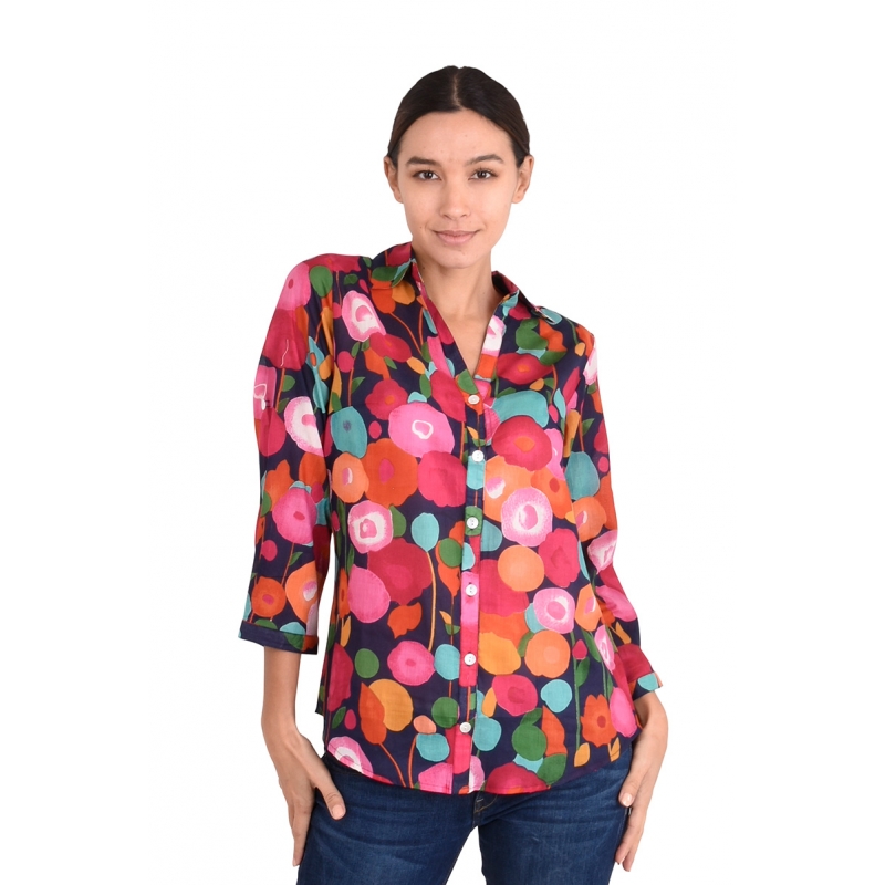PALME chemise coton col V manches 3/4 bleu foncé