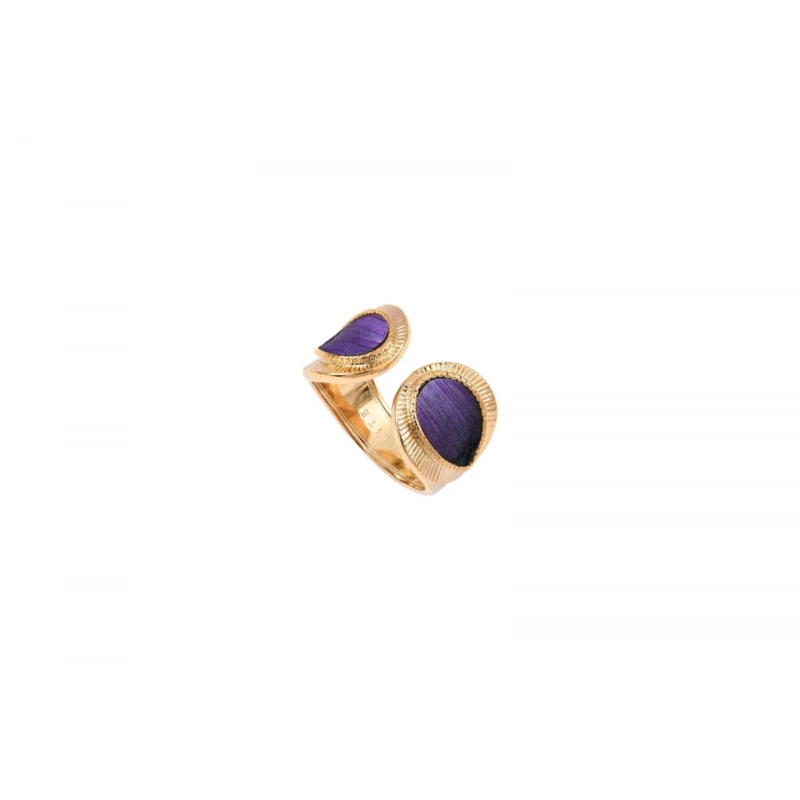 SATELLITE-PARIS Bague toi et moi ajustable plumes et métal doré - violet