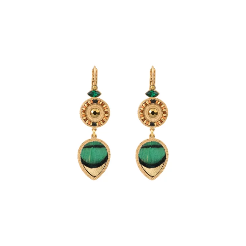 SATELLITE-PARIS Boucles d'oreilles dormeuses hématite plume et cuir - vert