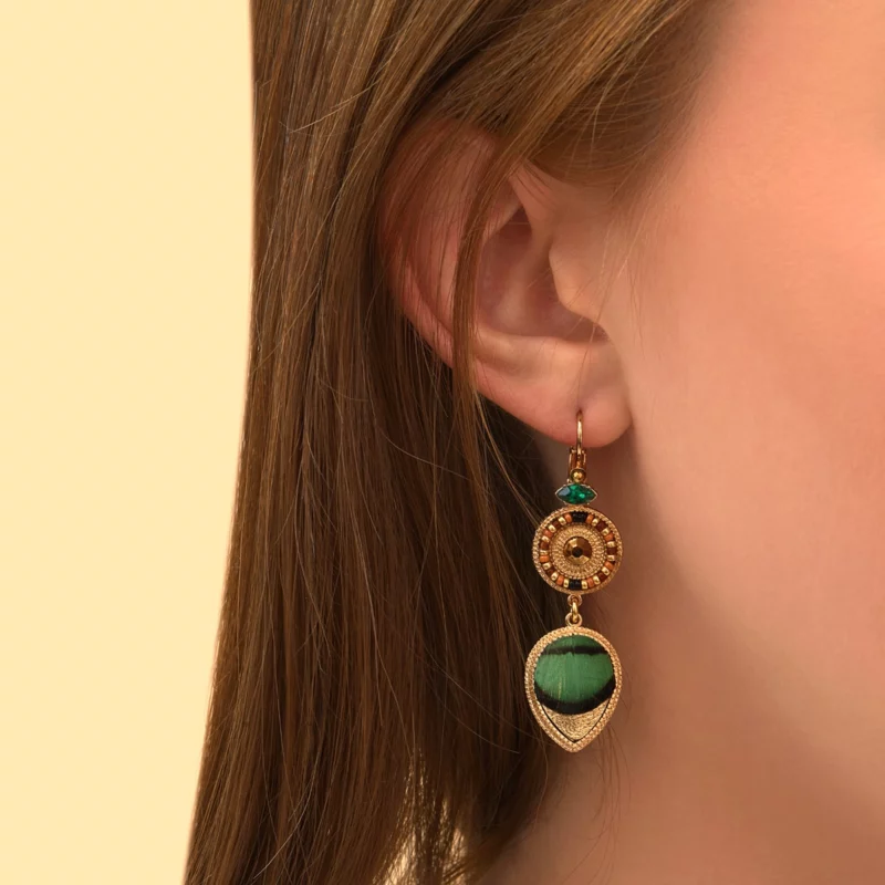 SATELLITE-PARIS Boucles d'oreilles dormeuses hématite plume et cuir - vert – Image 2