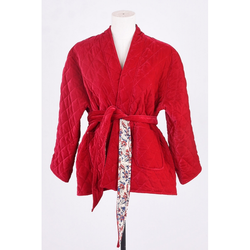 PALME Veste Matelassee Velours Coton +Ceinture rose foncé