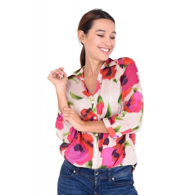 PALME chemise coton col V manches 3/4