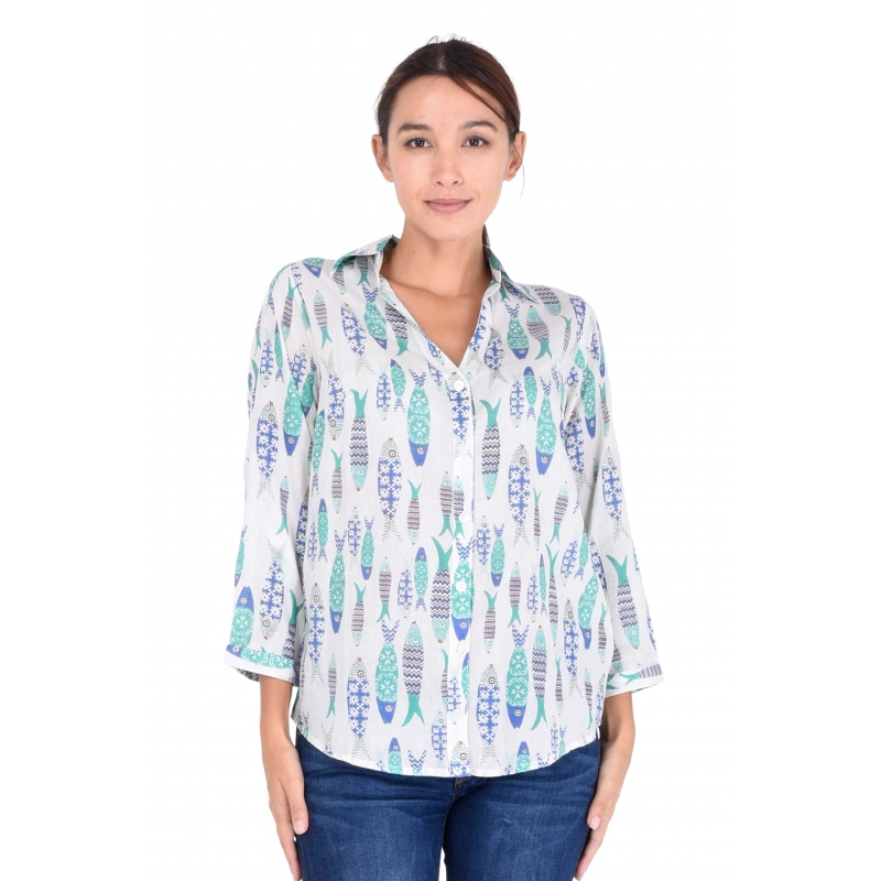 PALME chemise coton col V manches 3/4