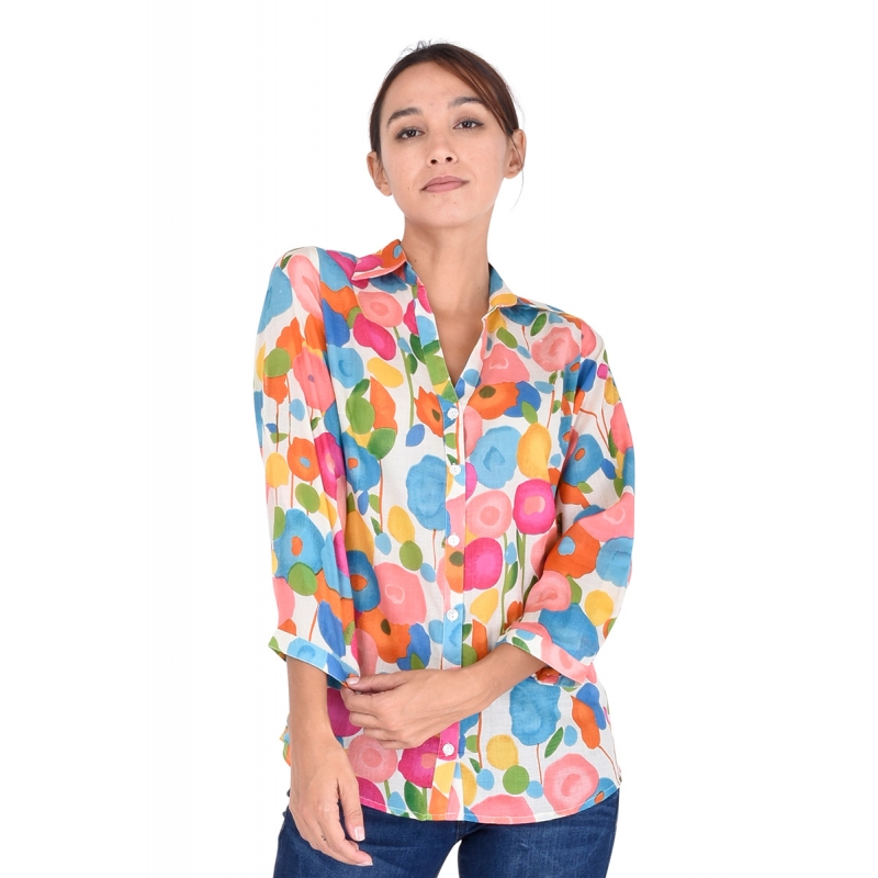 PALME chemise coton col V manches 3/4
