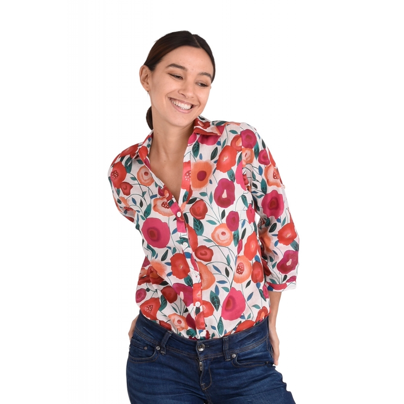 PALME chemise coton col V manches 3/4