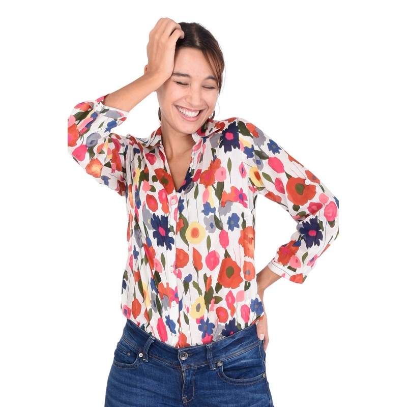 PALME chemise coton col V manches 3/4