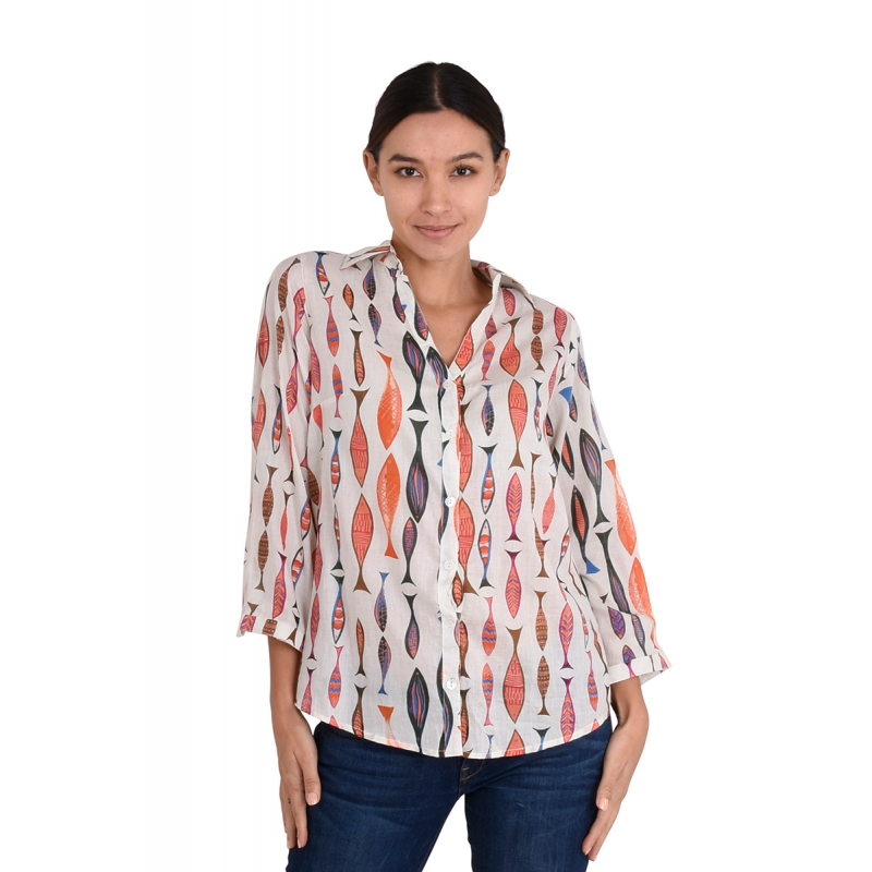 PALME chemise coton col V manches 3/4