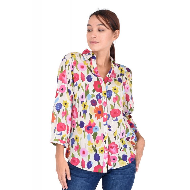 PALME chemise coton col V manches 3/4 écru
