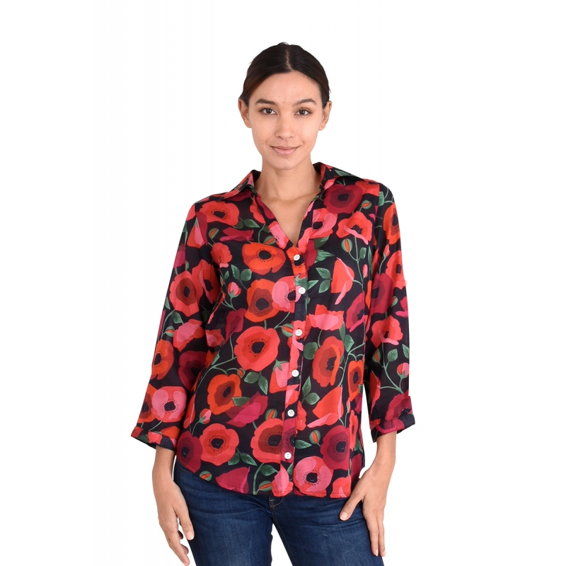 PALME chemise coton col V manches 3/4 noir