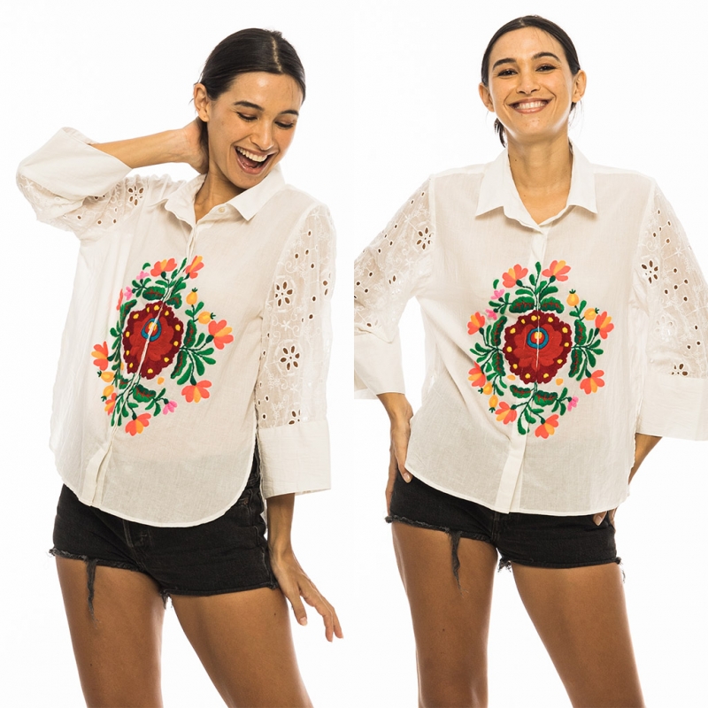 PALME Chemise Coton Brodee Main Manches Ajour