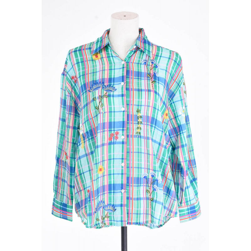 PALME Chemise Coton Col V Carreaux Brodes Herb