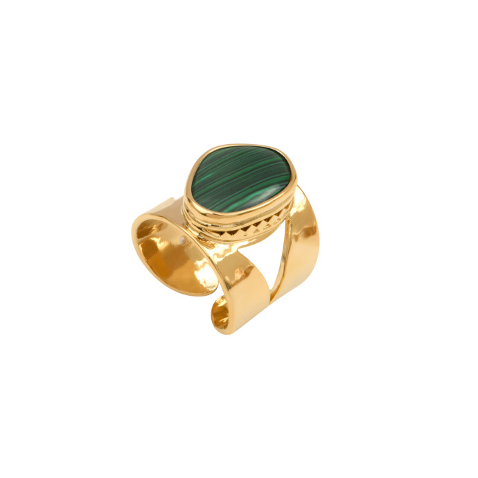 SATELLITE-PARIS Bague large Noto taille M en métal doré ciselé cabochon malachite - vert
