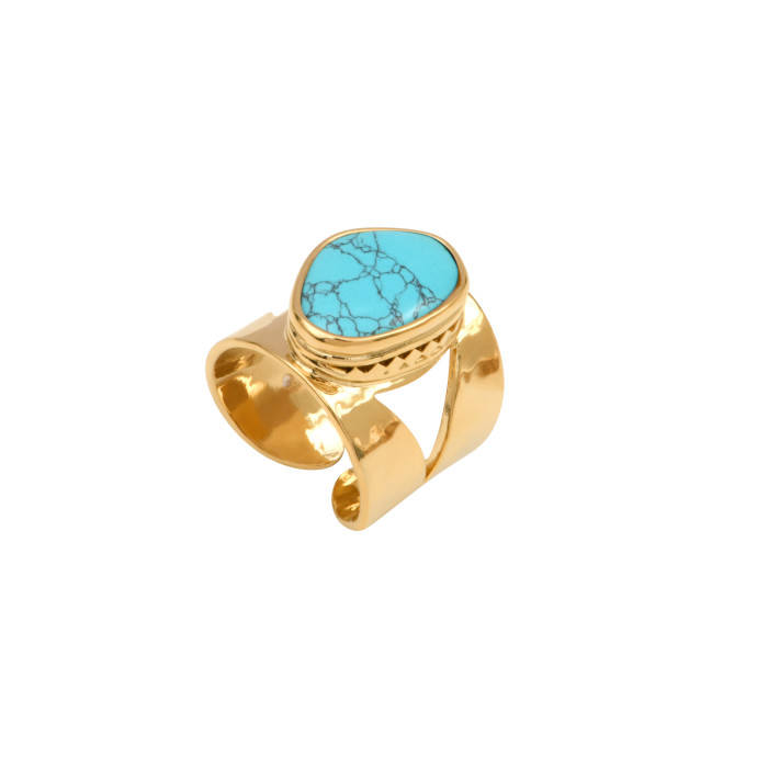 SATELLITE-PARIS Bague large Noto taille M en métal doré ciselé cabochon turquoise - bleu