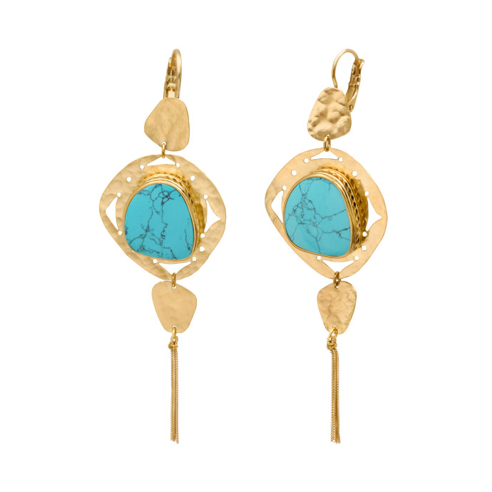 SATELLITE-PARIS Boucles d'oreilles pendantes dormeuses Noto cabochon malachite et pompon - bleu
