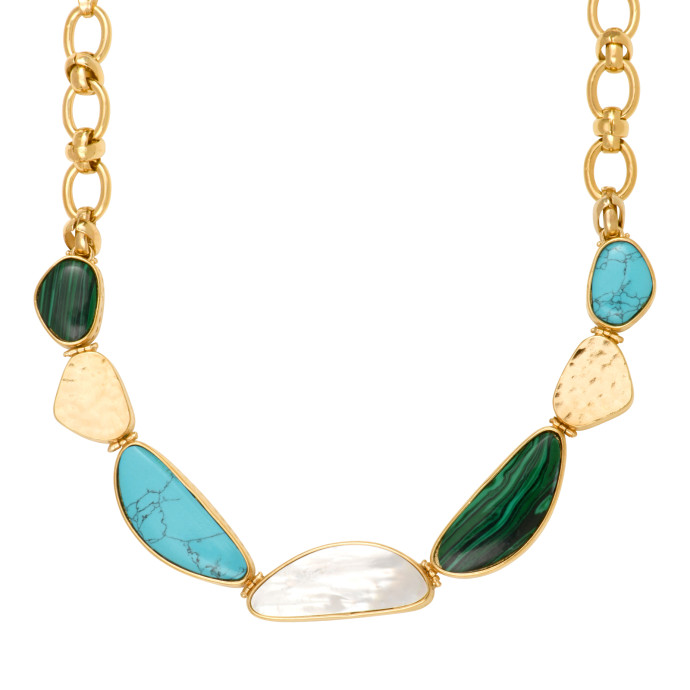 SATELLITE-PARIS Collier plastron réglable Noto métal doré et cabochons de pierres dures - vert