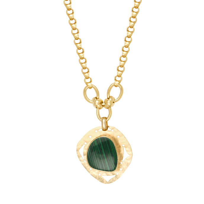 SATELLITE-PARIS Collier réglable Noto en métal doré martelé et cabochon malachite - vert