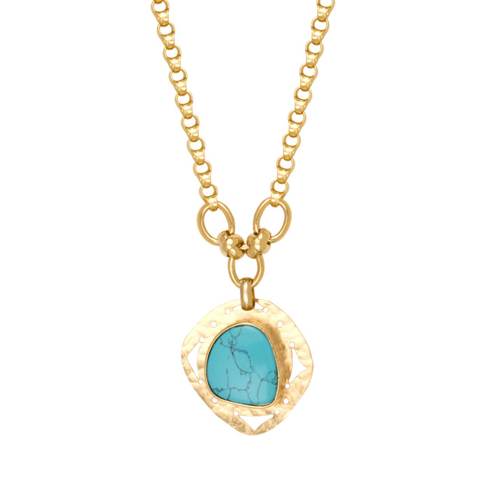 SATELLITE-PARIS Collier réglable Noto en métal doré martelé et cabochon turquoise - bleu