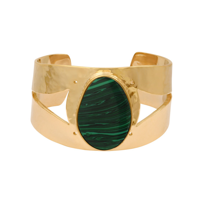 SATELLITE-PARIS Manchette large ajustable Noto en métal doré ciselé et cabochon malachite - vert