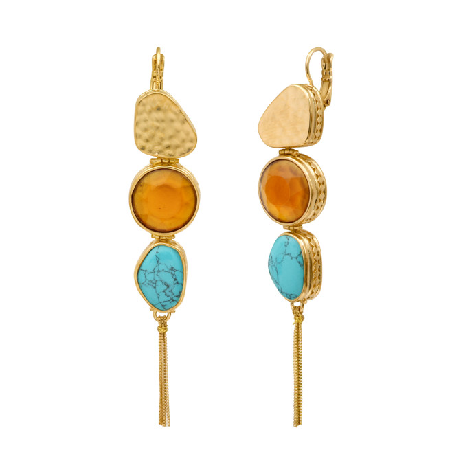 SATELLITE-PARIS Boucles d'oreilles longues dormeuses Noto cabochons et pompon doré - bleu