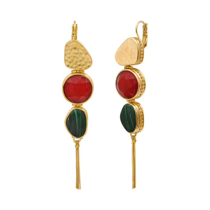 SATELLITE-PARIS Boucles d'oreilles longues dormeuses Noto cabochons et pompon doré - vert