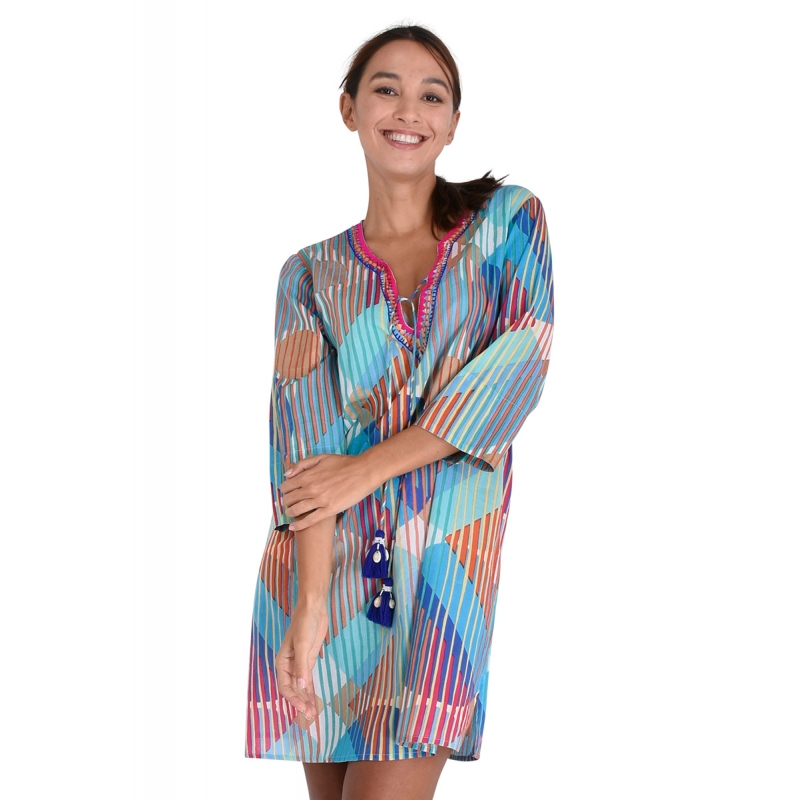 PALME Tunique Col V Brode + Lien Coton