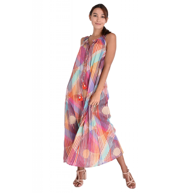 PALME Robe Longue Col Plisse Ss Manches