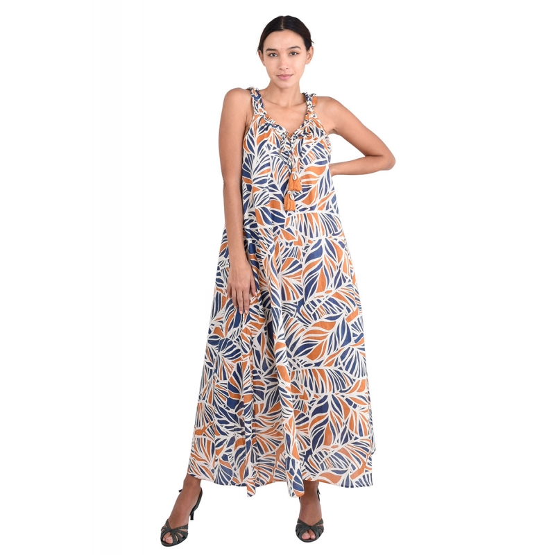 PALME Robe Longue Col Plisse Ss Manches