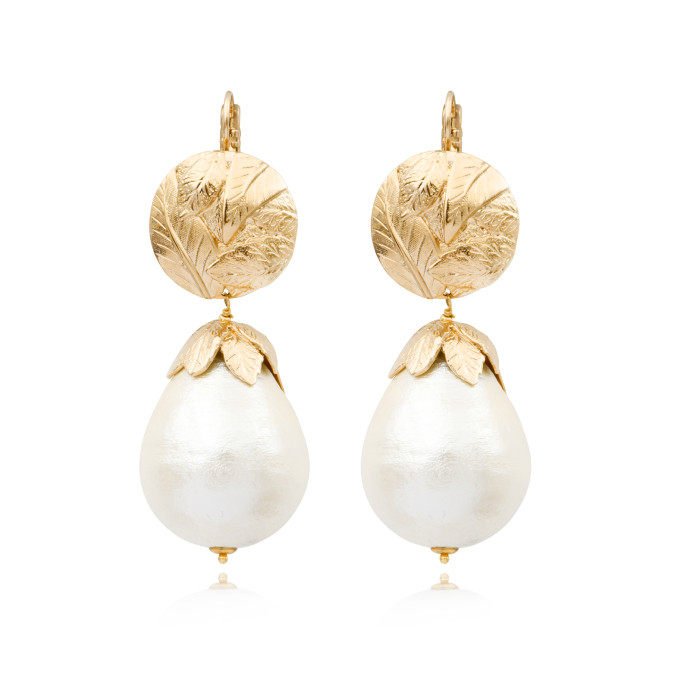 SATELLITE-PARIS Boucles d'oreilles dormeuses Lucy perles de coton et métal doré à l'or fin - blanc