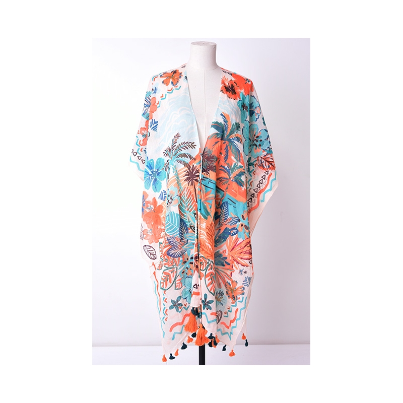 PALME Long Kimono Coton Avec Lien Et Pompons