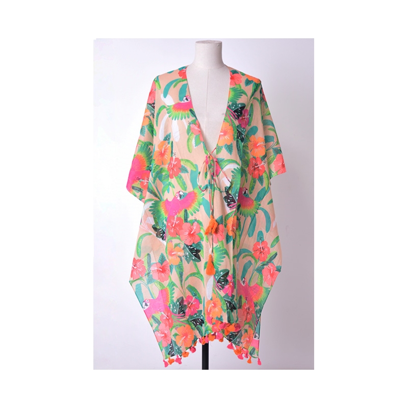 PALME Long Kimono Coton Avec Lien Et Pompons