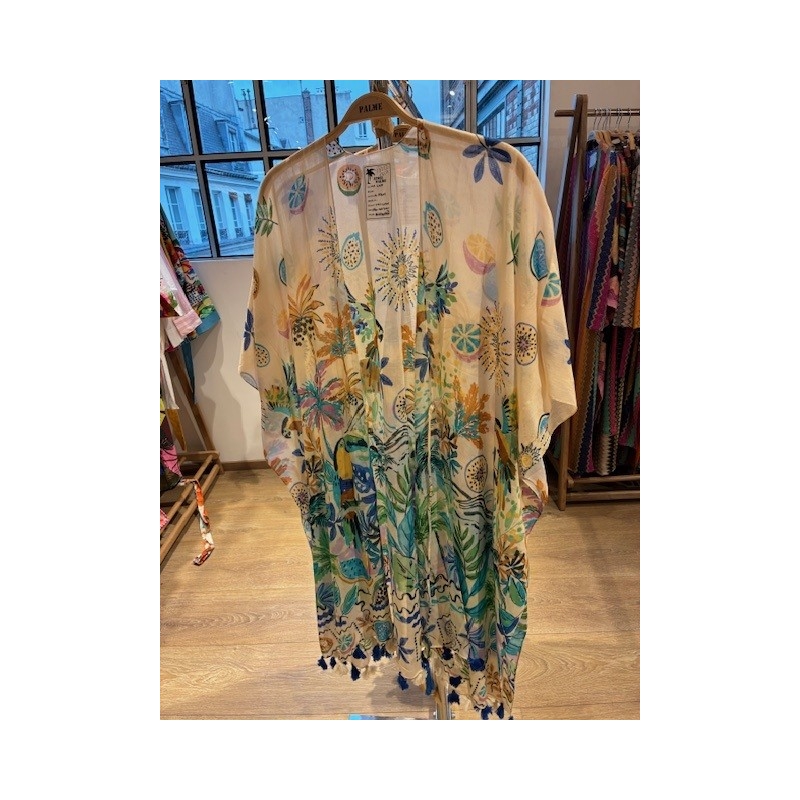 PALME Long Kimono Coton Avec Lien Et Pompons