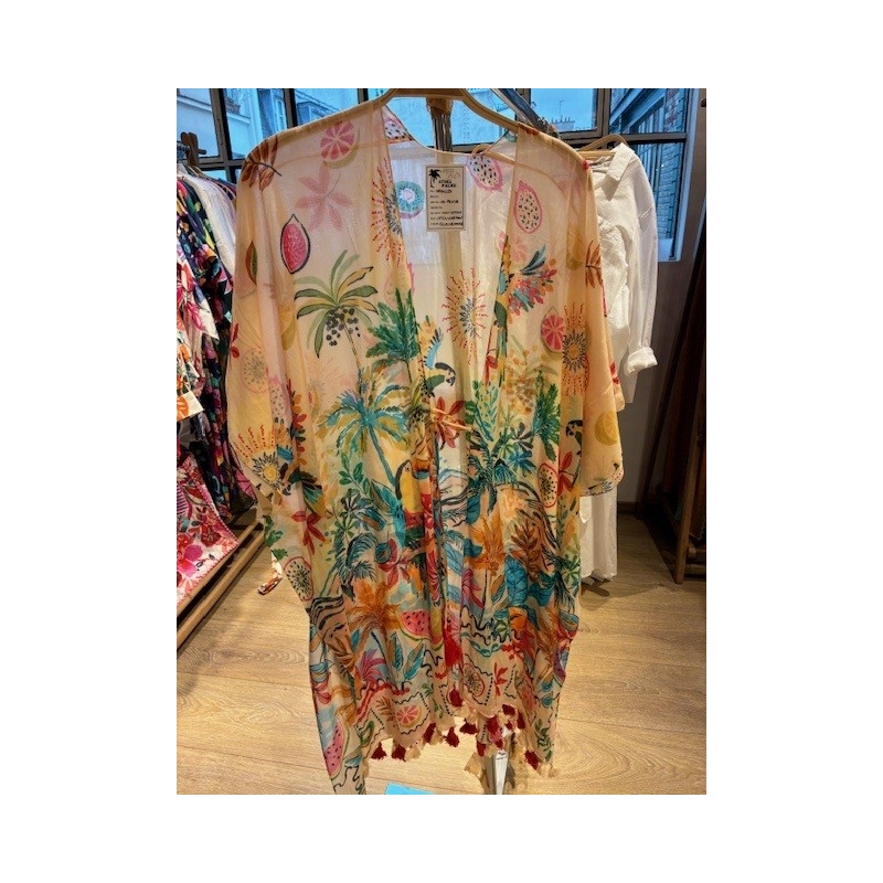 PALME Long Kimono Coton Avec Lien Et Pompons