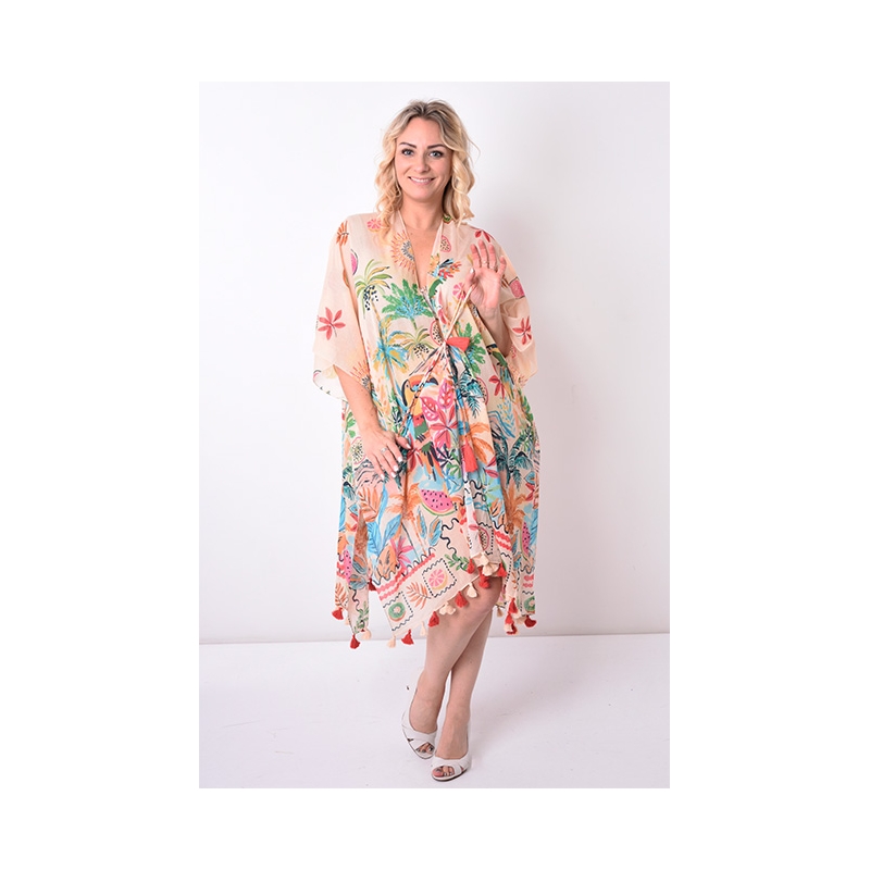 PALME Long Kimono Coton Avec Lien Et Pompons
